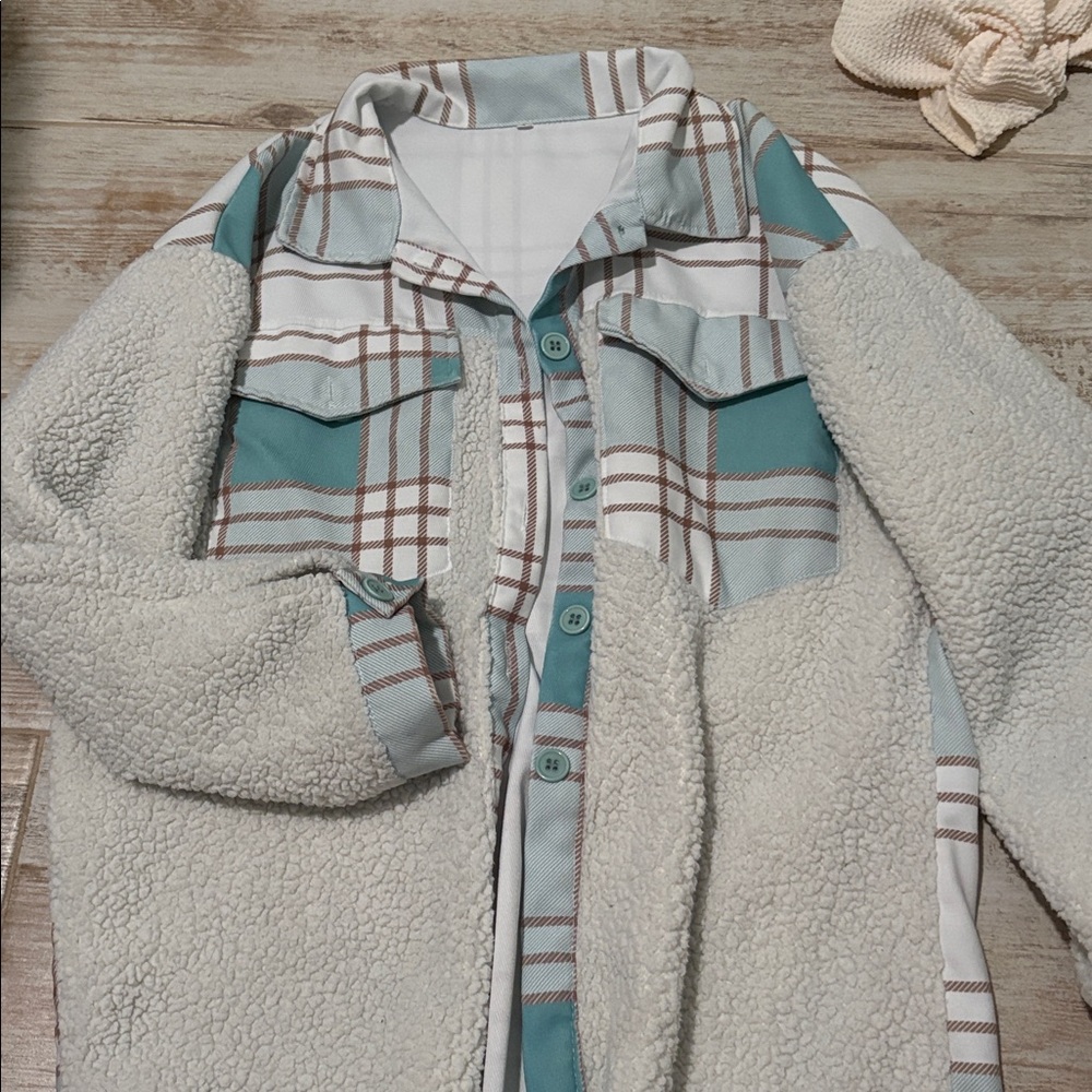 Plaid Sherpa Jacket with Teal Accents